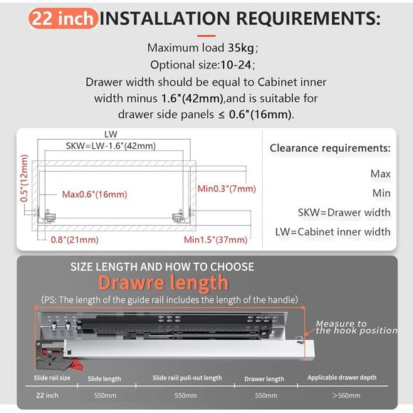 22" Bottom Mount Soft Close Drawer Slides Full Extension 80lb Load 22 inch - Picture 10 of 11